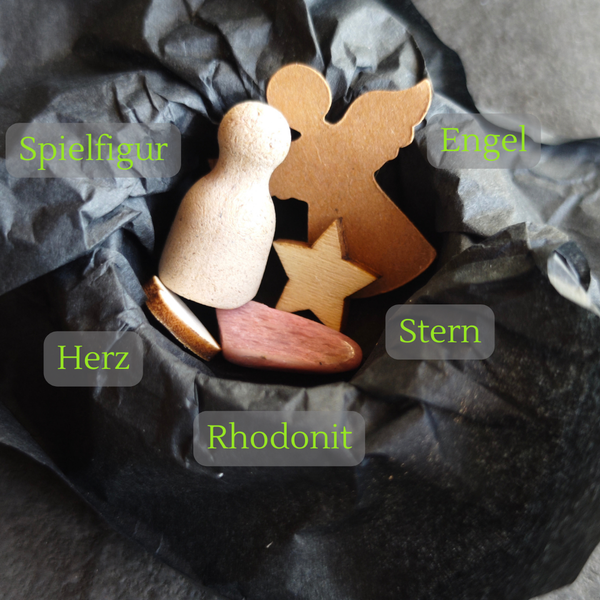 Geöffnete MEMENTOVIA Box mit den beschrifteten symbolischen Beigaben.