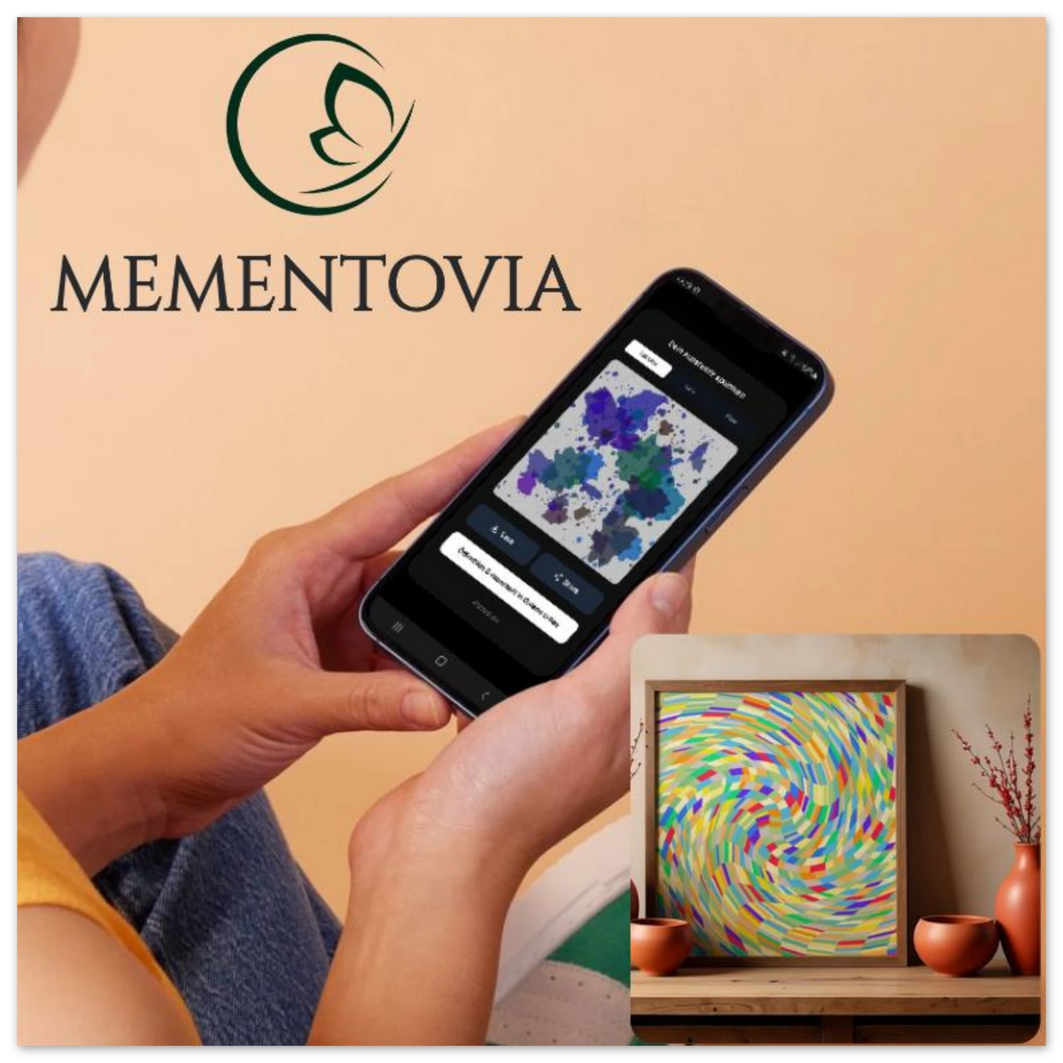 Collage der Marke MEMENTOVIA, die den Prozess 'Vom Gefühl zum Bild' zeigt. Eine Frau nutzt die 'Daily Healing Art' App zur Emotionsvisualisierung, kombiniert mit einer Ansicht des fertigen, gerahmten Seelenbildes im 'Bars'-Stil als hochwertige Wanddekoration. Verbindung von digitaler Trauerbewältigung und haptischer Erinnerungskunst.