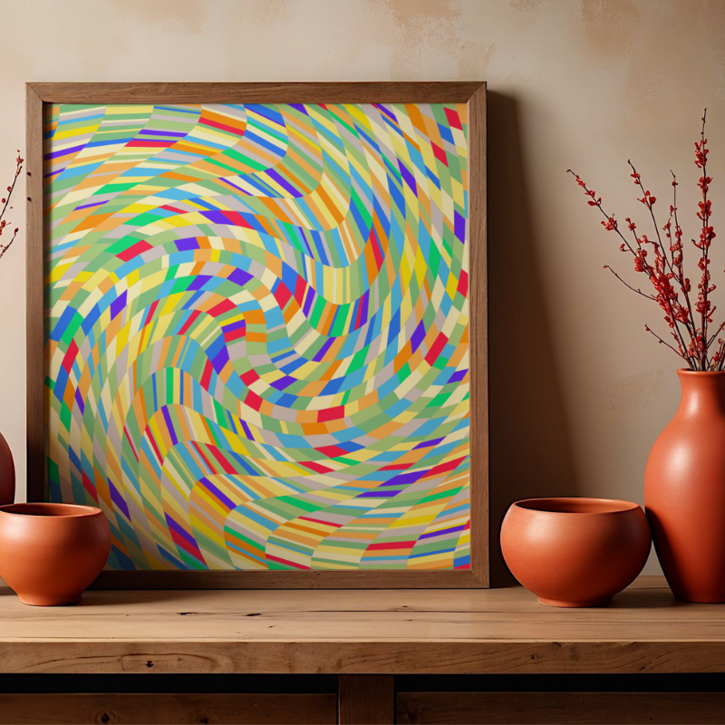 Gerahmtes Seelenbild 'Bars' von MEMENTOVIA auf einem Holzboard, dekoriert mit Terrakotta-Vasen. Das generative Kunstwerk zeigt einen dynamischen, bunten Farbstrudel und dient als kraftvoller Anker für Emotionen und moderne Trauerarbeit im Wohnraum.